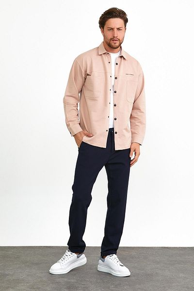 odelon Ανδρικό φούτερ σε χρώμα πούδρας Slim Fit - Εξωτερικό πουκάμισο με λεπτομέρεια