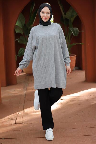 hafsamina Gray Balloon Sleeve Knitwear Tunic - Hm2519