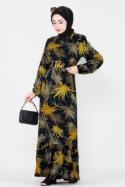 Sevitli Leaf Patterned Viscose Dress-black