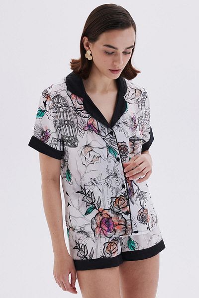 Feu De Elu Set pijama scurtă din viscoză Maison Royale - cu imprimeu din satin