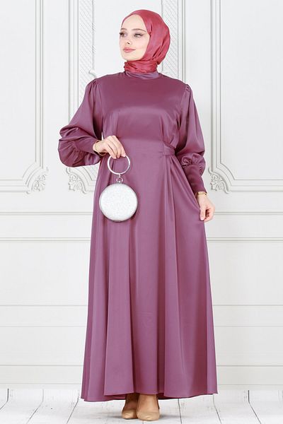 Sevitli Satin Evening Dress - Dried Rose with Back Tie and Buttons