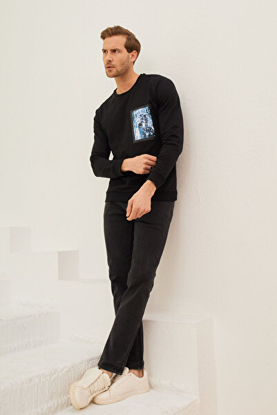 odelon Чоловічий чорний спортивний світшот - велосипедний комір, принт спереду