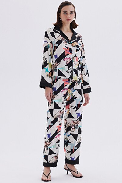 Feu De Elu Set pijamale lungi din viscoză - cu modele mixte și detalii din satin