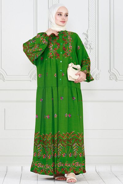 Sevitli Green Viscose Dress - Embroidery Pattern and Robe