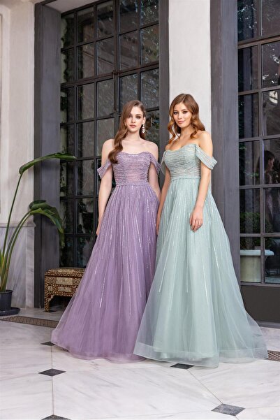 aşkın göksu Lila Komple Boncuk İşlemeli Düşük Omuzlu Kabarık İthal Kadın Abiye