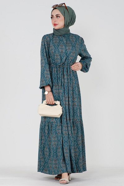 Sevitli Diamond Pattern Viscose Dress with Tunnel Waist - Petrol
