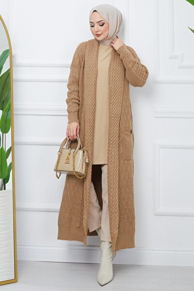 hafsamina Şal Yaka Salaş Triko Hırka Camel HM2248