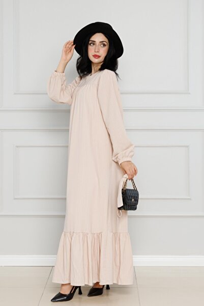 Sevitli Robalı Kuşaklı Ada Elbise-Krem