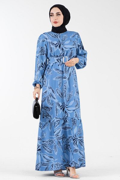 Sevitli Patterned Belted Viscose Dress-indigo
