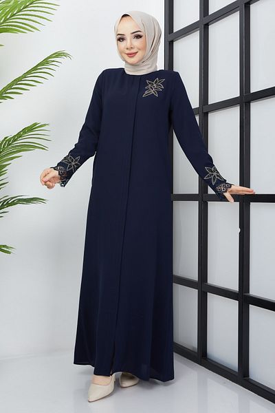 hafsamina Μεγάλο μέγεθος Navy Blue Abaya με λεπτομέρεια κέντημα από πέτρα από δαντέλα