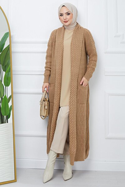 hafsamina Şal Yaka Salaş Triko Hırka Camel HM2248
