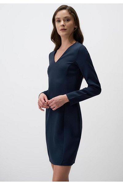 Jimmy Key Navy Blue V Neck Long Sleeve Mini Dress
