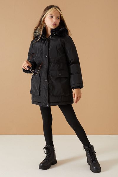 Cansın Mini Girl's Hooded Black Coat - Pockets, Flap 19060