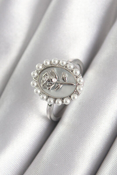 Clariss Brass Silver Color Portrait Rose Model Pearl Detail Women's Ring
