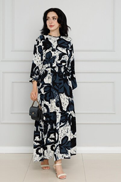 Sevitli Floral Belted Viscon Dress-Black