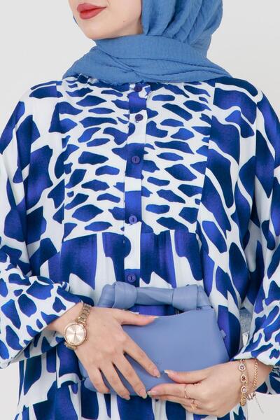 Sevitli Φόρεμα Zümra Robalı με μισό κουμπί βισκόζης-Μπλε