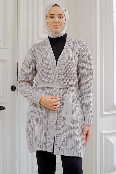 hafsamina Belted Pocket Knitwear Cardigan Gray HM2244