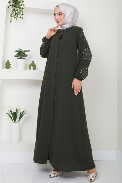 hafsamina Stone Detailed Pearl Hafi Khaki Ferace - HM2494