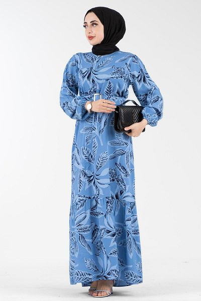 Sevitli Patterned Belted Viscose Dress-indigo