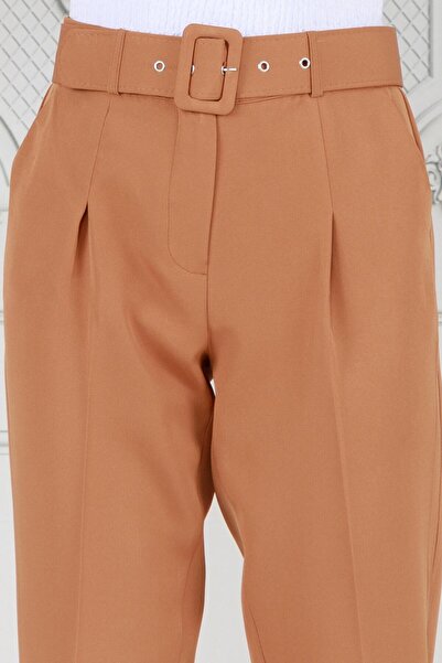 Sevitli Camel Colored Pleated Pencil Pants - Waist Belt