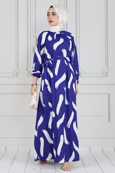 Sevitli Blue Satin Hijab Dress - Brush Pattern