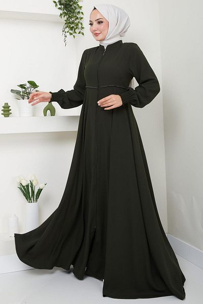 hafsamina Khaki Mevlana Ferace - Handle with Guipes and Embroidery Detail HM2484