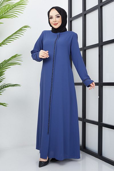 hafsamina Large Size Indigo Abaya with Stone Embroidery Detail