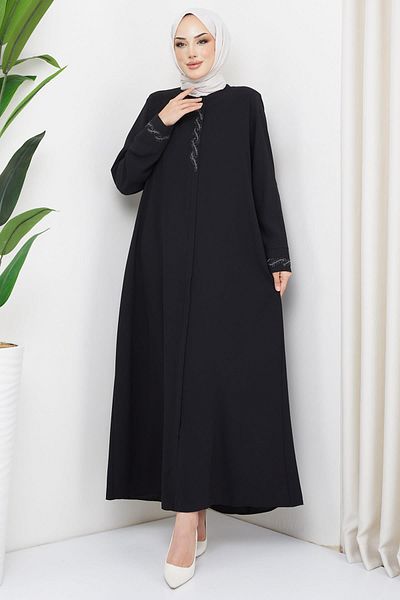 hafsamina Burma Stone Detailed Plus Size Abaya Black HM2310