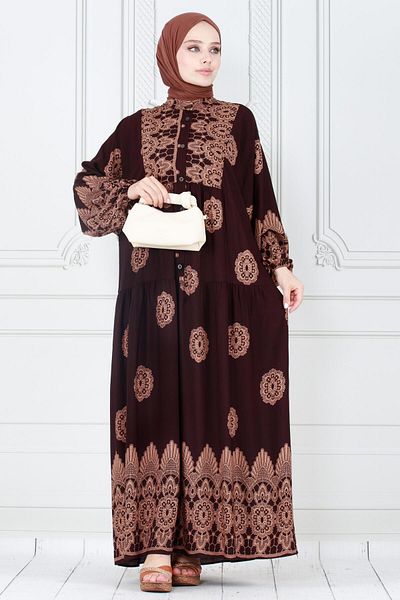 Sevitli Viscon Hijab Dress - Motif Pattern, Robe, Brown
