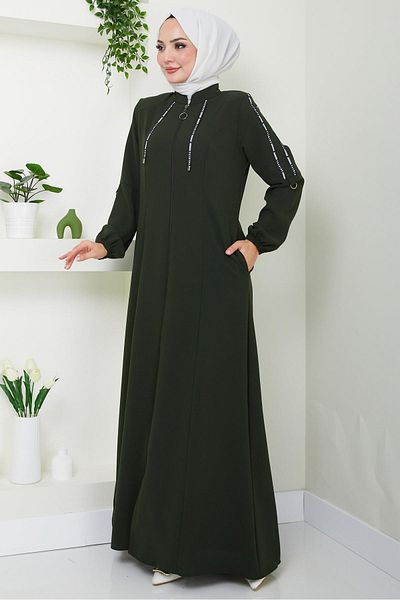 hafsamina Khaki Colored Striped Sports Ferace - HM2483