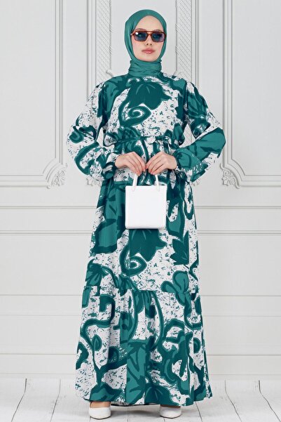 Sevitli Πράσινο φόρεμα βισκόζης - με μοτίβο τουλίπας και ζώνη μέσης