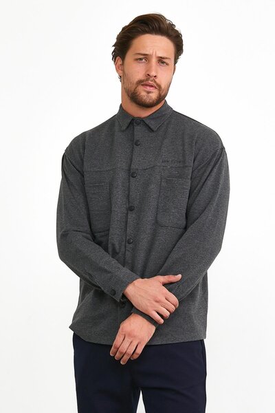 odelon Men's Slim Fit Anthracite Sweatshirt - Snap Detail Outer Shirt