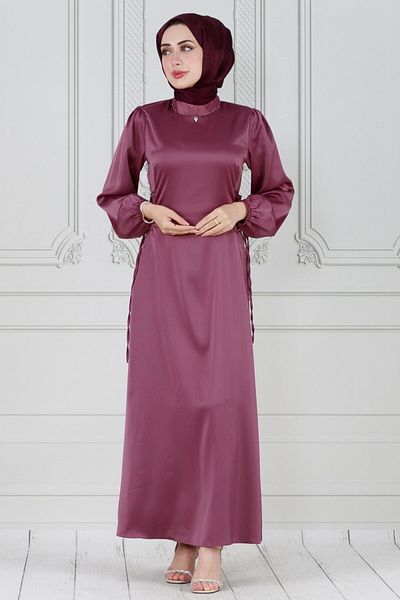 Sevitli Satin Evening Dress - Side Lace and Dried Rose