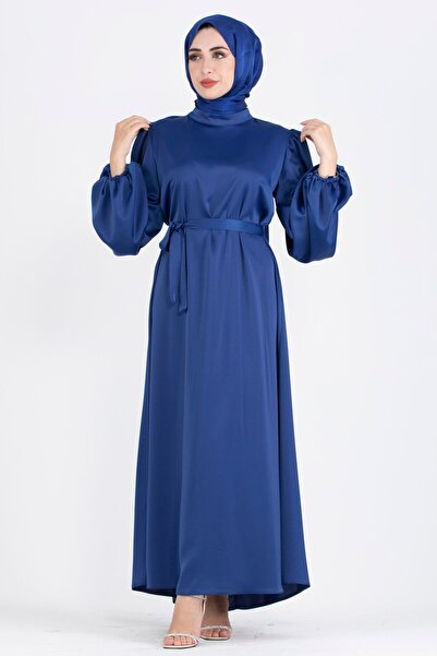 Sevitli Balloon Sleeve Satin Evening Dress-Sax Blue