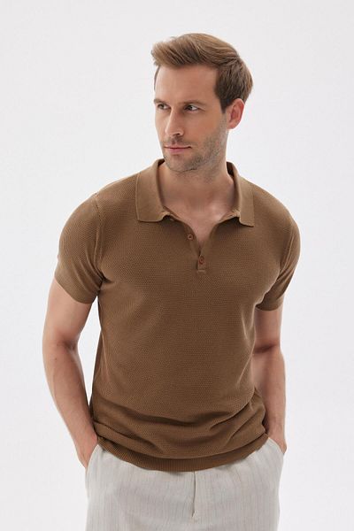 odelon Men's Brown Knitwear Polo Collar T-Shirt - Jacquard