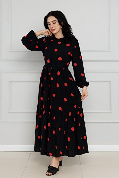 Sevitli Puantiyeli Kuşaklı Eylül Elbise-Kırmızı