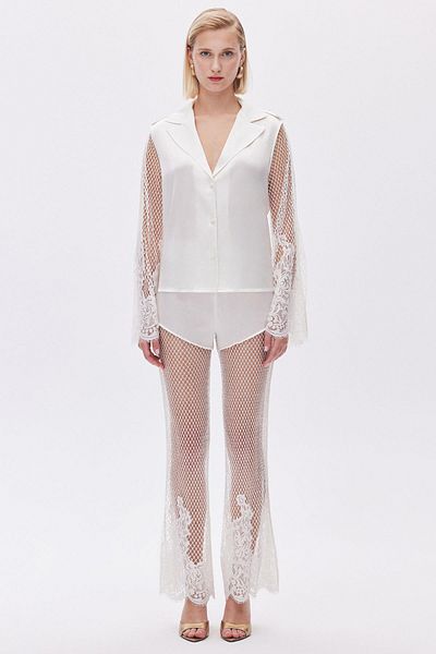 Feu De Elu Ecru Satin Pajama Set -CallaLily, Lace Detailed Long Pajamas