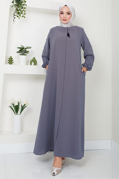 hafsamina Gray Ferace with Stone and Pearl Detail - HM2494