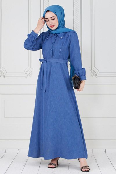 Sevitli Rochie Hijab Albastra - Perla Detaliata si Cu Curea