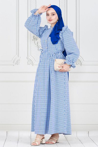 Sevitli Rochie Eda bleumarin - Detaliu cu volane Gingham