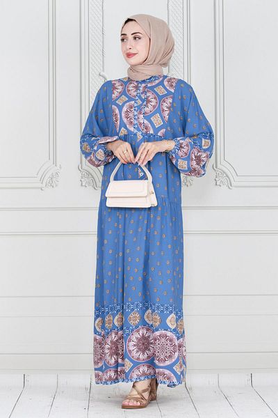 Sevitli Rochie Indigo Viscon - Cu jumătate de nasturi și imprimeu