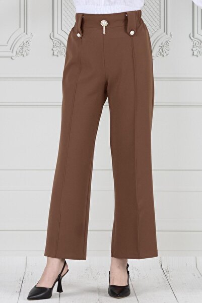 Sevitli Brown Wide Leg Trousers with Brooch Detail