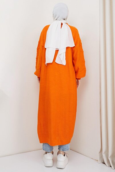 hafsamina Cherry Patterned Long Knitwear Cardigan Orange Hm2334