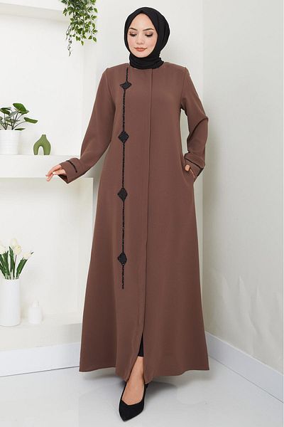 hafsamina Tan Erva Stone Detailed Ferace - HM2478