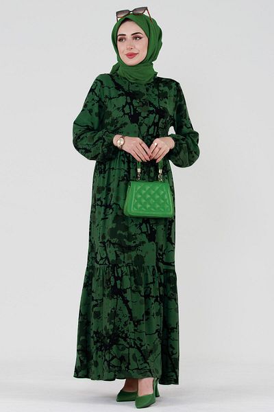 Sevitli Emerald Green Viscose Dress - Miray Waist Tunnel