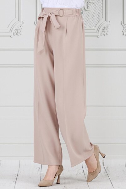 Sevitli Pantaloni largi de culoare bej cu detaliu inel