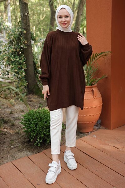 hafsamina موديل HM2519 تونيك تريكو بني - كم بالون