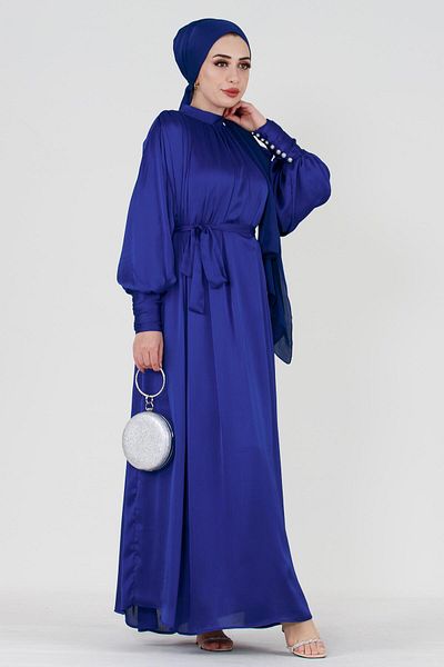 Sevitli Rochie de seară Hijab cu mâneci și perle - Albastru Sax