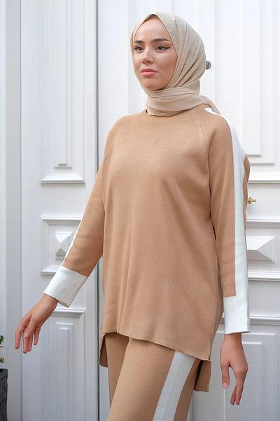 hafsamina Σετ Πλεκτά Γαρνιρισμένα Camel Hm2239