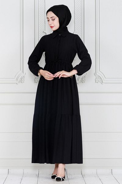 Sevitli Black Sare Dress - Shirt Collar and Waist Tunnel
